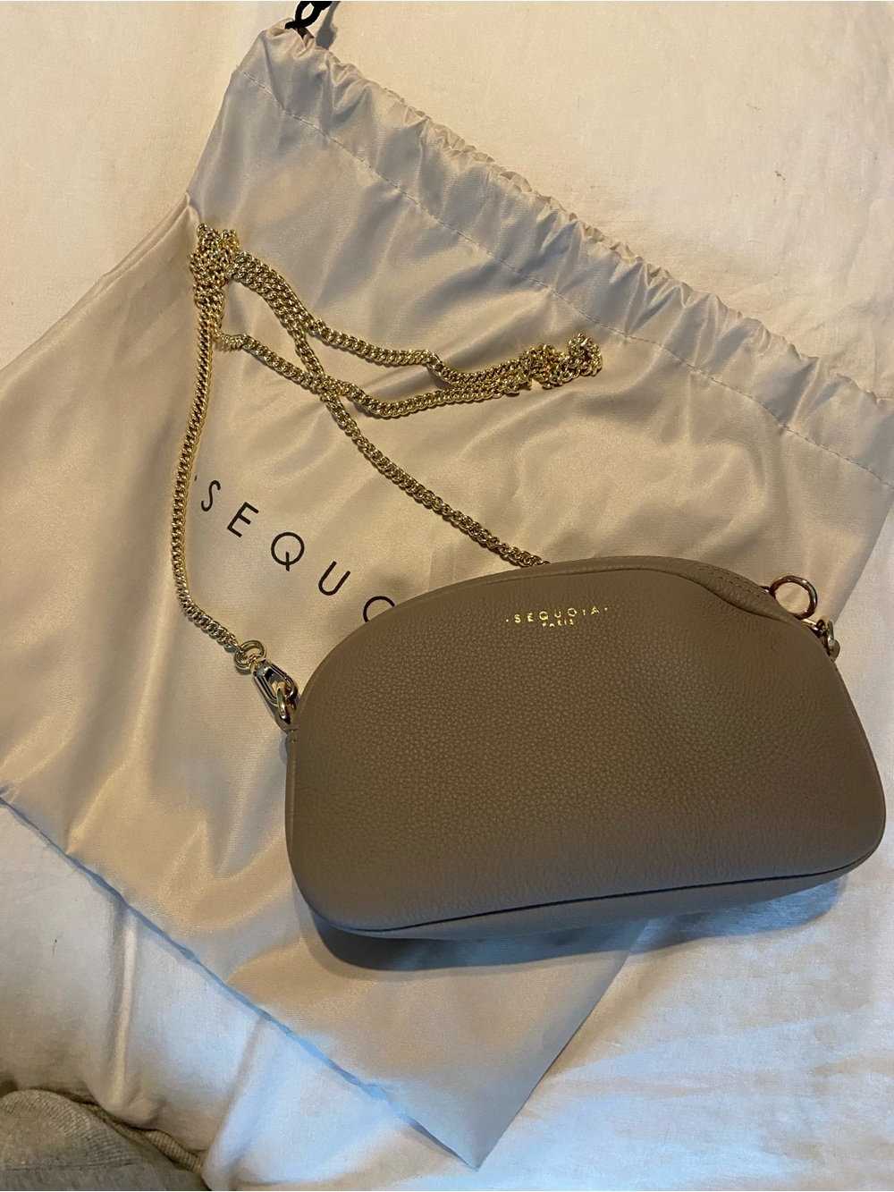 Sequoia Taupe Pebbled Leather Crossbody with Gold Chain